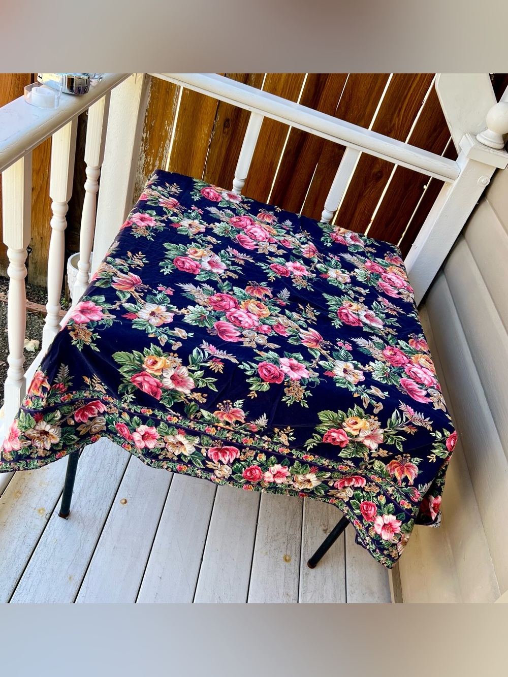 April Cornell Navy Tablecloth with Pink and Green Floral Print
